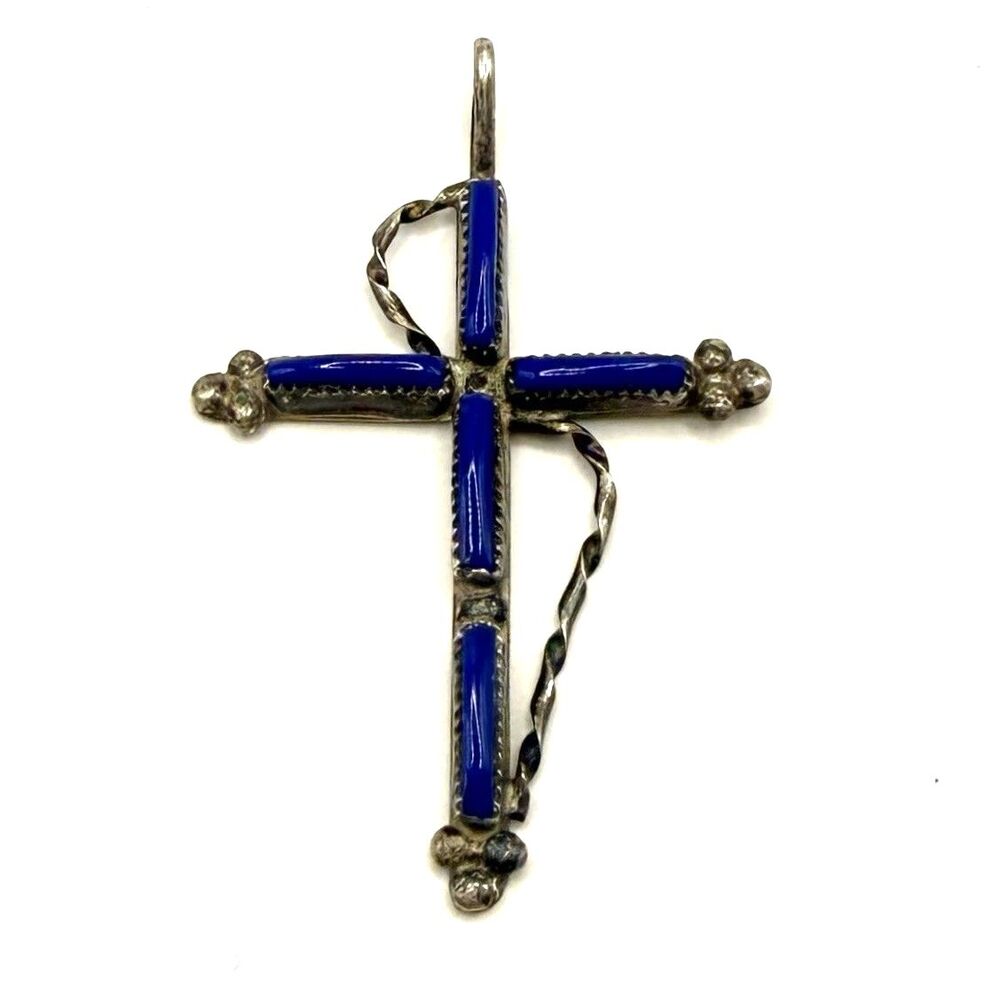 Vintage Sterling Silver Lapis Needlepoint Cross Pendant Southwestern Zuni Style